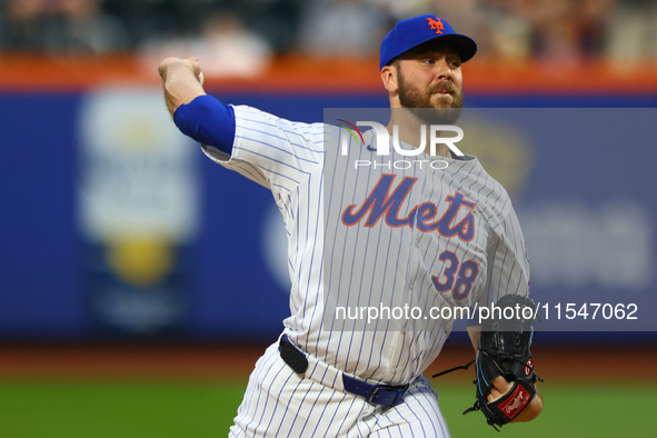 New York Mets starting pitcher Tylor Megill #38 throws during the first inning of the baseball game against the Boston Red Sox at Citi Field...