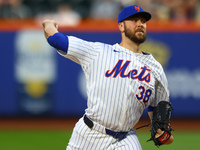 New York Mets starting pitcher Tylor Megill #38 throws during the first inning of the baseball game against the Boston Red Sox at Citi Field...