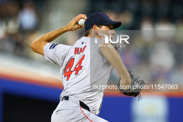 Boston Red Sox pitcher Rich Hill #44 throws during the eighth inning of the baseball game against the New York Mets at Citi Field in Corona,...