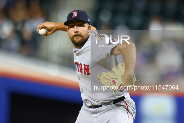 Boston Red Sox pitcher Greg Weissert #57 throws during the ninth inning of the baseball game against the New York Mets at Citi Field in Coro...