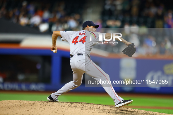 Boston Red Sox pitcher Rich Hill #44 throws during the eighth inning of the baseball game against the New York Mets at Citi Field in Corona,...