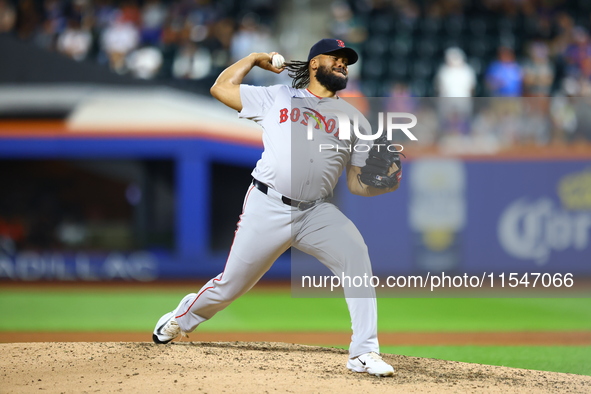 Boston Red Sox pitcher Kenley Jansen #74 throws during the eighth inning of the baseball game against the New York Mets at Citi Field in Cor...