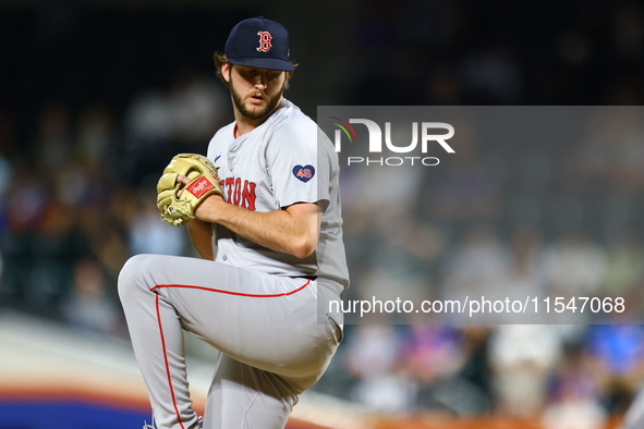 Boston Red Sox pitcher Justin Slaten #63 throws during the seventh inning of the baseball game against the New York Mets at Citi Field in Co...