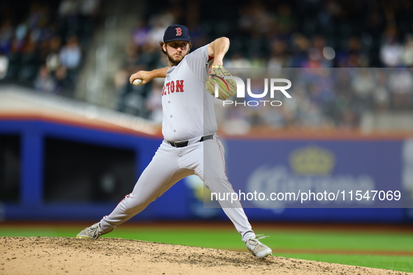 Boston Red Sox pitcher Justin Slaten #63 throws during the seventh inning of the baseball game against the New York Mets at Citi Field in Co...