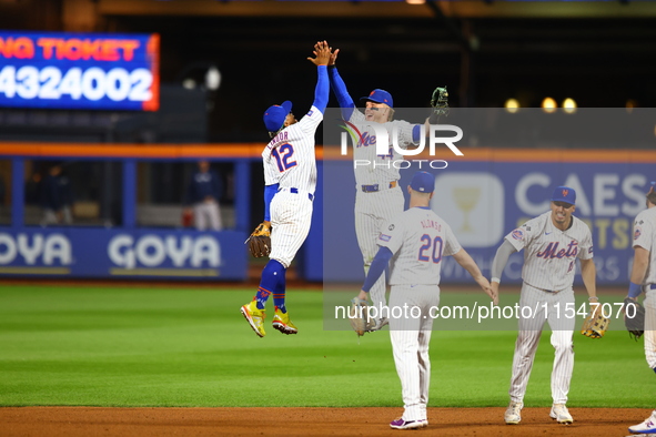 The New York Mets celebrate after their 8-5 win against the Boston Red Sox at Citi Field in Corona, N.Y., on September 4, 2024. 