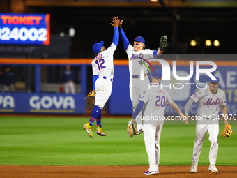 The New York Mets celebrate after their 8-5 win against the Boston Red Sox at Citi Field in Corona, N.Y., on September 4, 2024. (