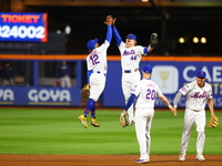 The New York Mets celebrate after their 8-5 win against the Boston Red Sox at Citi Field in Corona, N.Y., on September 4, 2024. (