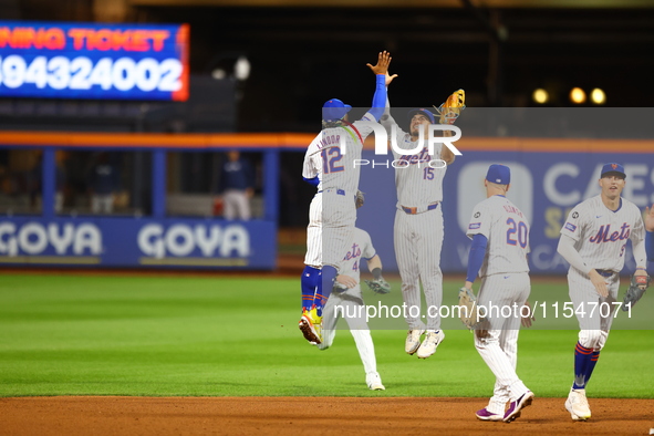 The New York Mets celebrate after their 8-5 win against the Boston Red Sox at Citi Field in Corona, N.Y., on September 4, 2024. 