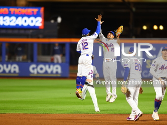 The New York Mets celebrate after their 8-5 win against the Boston Red Sox at Citi Field in Corona, N.Y., on September 4, 2024. (