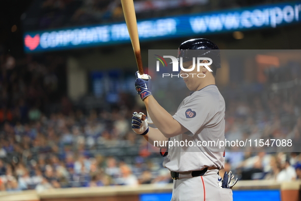 Boston Red Sox Masataka Yoshida #7 stands on deck during the eighth inning of the baseball game against the New York Mets at Citi Field in C...