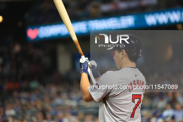 Boston Red Sox Masataka Yoshida #7 stands on deck during the eighth inning of the baseball game against the New York Mets at Citi Field in C...