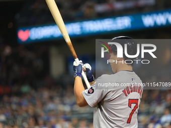 Boston Red Sox Masataka Yoshida #7 stands on deck during the eighth inning of the baseball game against the New York Mets at Citi Field in C...