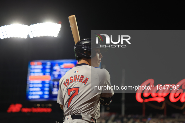 Masataka Yoshida #7 of the Boston Red Sox stands on deck during the sixth inning of the baseball game against the New York Mets at Citi Fiel...