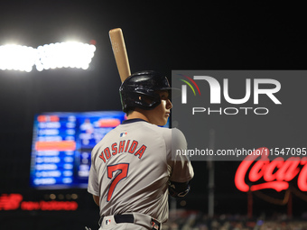 Masataka Yoshida #7 of the Boston Red Sox stands on deck during the sixth inning of the baseball game against the New York Mets at Citi Fiel...