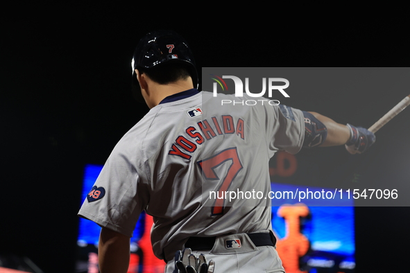 Masataka Yoshida #7 of the Boston Red Sox stands on deck during the sixth inning of the baseball game against the New York Mets at Citi Fiel...