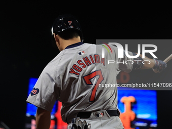 Masataka Yoshida #7 of the Boston Red Sox stands on deck during the sixth inning of the baseball game against the New York Mets at Citi Fiel...