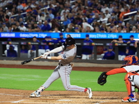 Boston Red Sox Nick Sogard #75 singles during the third inning of the baseball game against the New York Mets at Citi Field in Corona, N.Y.,...