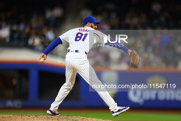 New York Mets relief pitcher Danny Young #81 throws during the seventh inning of the baseball game against the Boston Red Sox at Citi Field...