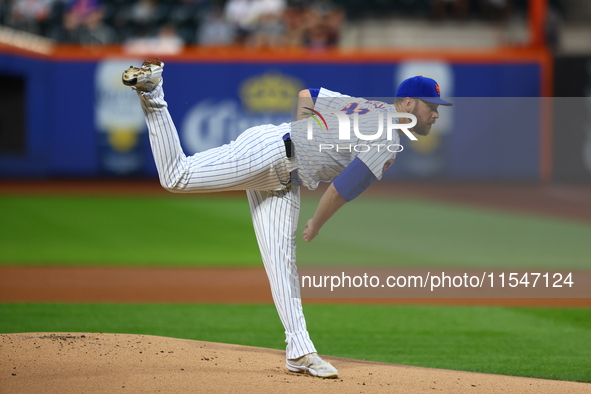 New York Mets starting pitcher Tylor Megill #38 throws during the first inning of the baseball game against the Boston Red Sox at Citi Field...