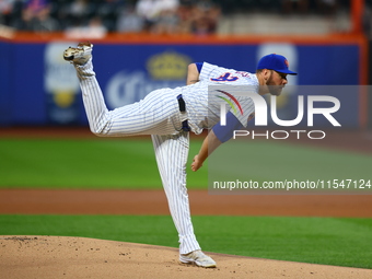 New York Mets starting pitcher Tylor Megill #38 throws during the first inning of the baseball game against the Boston Red Sox at Citi Field...