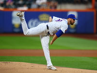 New York Mets starting pitcher Tylor Megill #38 throws during the first inning of the baseball game against the Boston Red Sox at Citi Field...