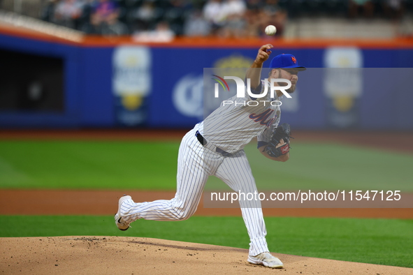 New York Mets starting pitcher Tylor Megill #38 throws during the first inning of the baseball game against the Boston Red Sox at Citi Field...