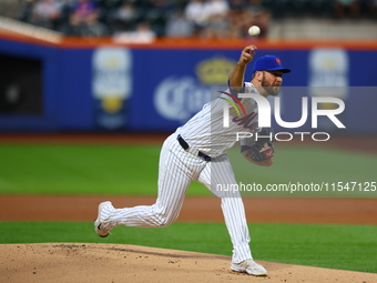 New York Mets starting pitcher Tylor Megill #38 throws during the first inning of the baseball game against the Boston Red Sox at Citi Field...