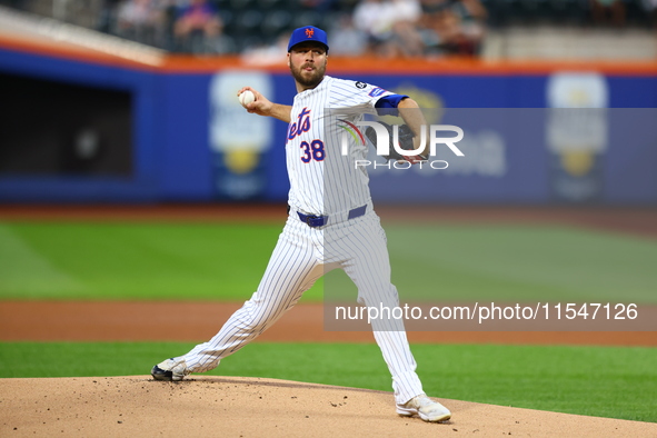 New York Mets starting pitcher Tylor Megill #38 throws during the first inning of the baseball game against the Boston Red Sox at Citi Field...