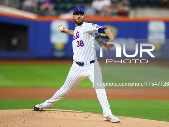 New York Mets starting pitcher Tylor Megill #38 throws during the first inning of the baseball game against the Boston Red Sox at Citi Field...