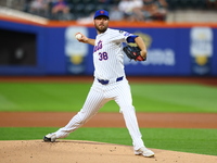 New York Mets starting pitcher Tylor Megill #38 throws during the first inning of the baseball game against the Boston Red Sox at Citi Field...