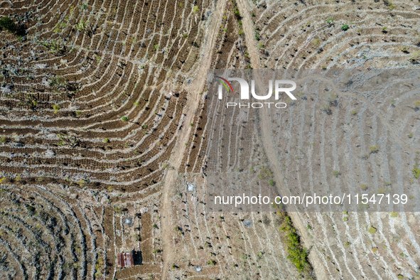 An aerial view of a plantation during the drought season in Purwosari subdistrict, Gunung Kidul Regency, Yogyakarta Province, Indonesia, on...