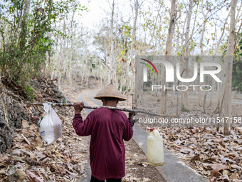 A villager carries water containers after collecting water for their livestock and plantation during the drought season in Tepus Village, Gu...