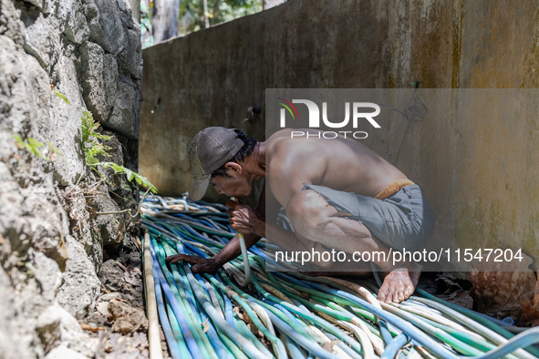 A man takes water from the only source of water by sucking it up and flowing it through a hose to his house during drought season in Selopam...