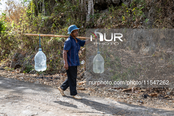 A villager carries water containers after collecting water for their livestock and plantation during the drought season in Tepus Village, Gu...