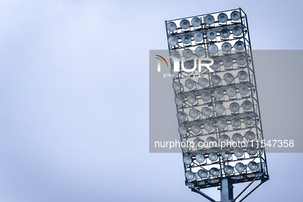 Stadium lights during the match Schalke 04 vs. NAC (friendly) at the Parkstadium in Gelsenkirchen, Germany, on September 4, 2024. 