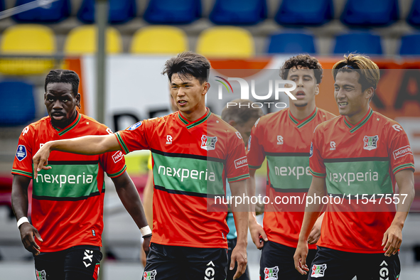 NEC player Kento Shiogai scores and celebrates the goal during the match RKC - NEC (friendly) at the Mandemakers Stadium for the Dutch Eredi...