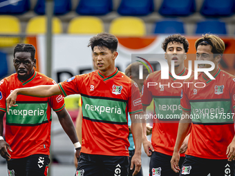 NEC player Kento Shiogai scores and celebrates the goal during the match RKC - NEC (friendly) at the Mandemakers Stadium for the Dutch Eredi...