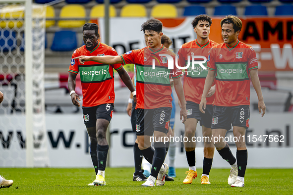 NEC player Kento Shiogai scores and celebrates the goal during the match RKC - NEC (friendly) at the Mandemakers Stadium for the Dutch Eredi...