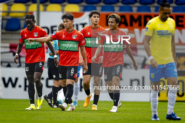 NEC player Kento Shiogai scores and celebrates the goal during the match RKC - NEC (friendly) at the Mandemakers Stadium for the Dutch Eredi...