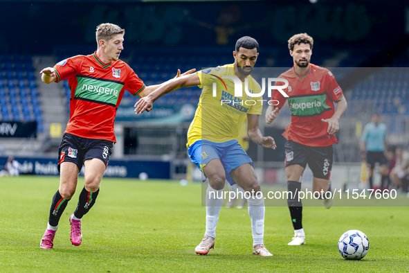 NEC player Mees Hoedemakers, RKC player Yassin Oukili, and NEC player Philippe Sandler during the match RKC vs. NEC (friendly) at the Mandem...