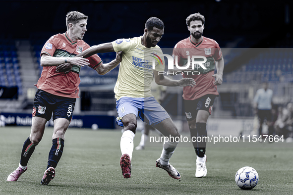 NEC player Mees Hoedemakers, RKC player Yassin Oukili, and NEC player Philippe Sandler during the match RKC vs. NEC (friendly) at the Mandem...