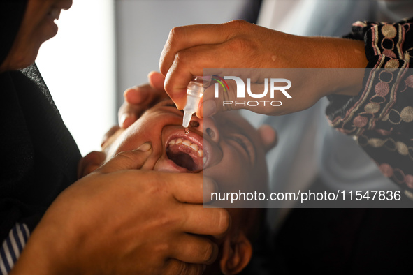 A Palestinian child receives a polio vaccination in the UK-MED field hospital in Khan Younis in the southern Gaza Strip, on September 5, 202...