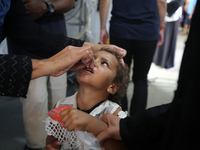 A Palestinian child receives a polio vaccination in the UK-MED field hospital in Khan Younis in the southern Gaza Strip, on September 5, 202...