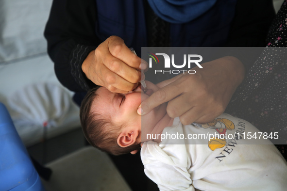 A Palestinian child receives a polio vaccination in the UK-MED field hospital in Khan Younis in the southern Gaza Strip, on September 5, 202...