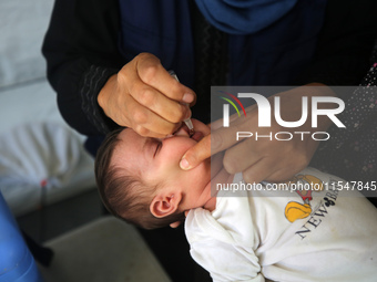 A Palestinian child receives a polio vaccination in the UK-MED field hospital in Khan Younis in the southern Gaza Strip, on September 5, 202...