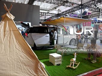 People look at various vehicles at the 23rd Autumn International Auto Show in Qingdao, China, on September 5, 2024. (