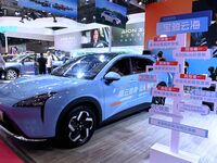 People look at various vehicles at the 23rd Autumn International Auto Show in Qingdao, China, on September 5, 2024. (