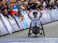 Oksana Masters reacts after she wins the Para-Cycling - Women's H5 Road Race at Clichy-sous-Bois during the Paris 2024 Paralympic Games in P...