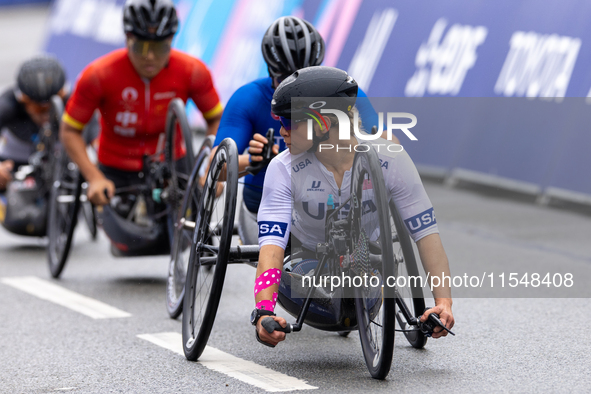 Oksana Masters competes in the Para Cycling - Women's H5 Road Race in Clichy-sous-Bois during the Paris 2024 Paralympic Games in Paris, Fran...