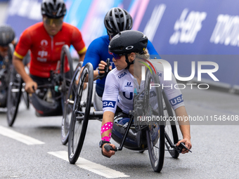 Oksana Masters competes in the Para Cycling - Women's H5 Road Race in Clichy-sous-Bois during the Paris 2024 Paralympic Games in Paris, Fran...